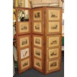 A 19th century three panel room screen, with twenty seven colour prints of the Grand Tour by