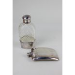 A sterling silver hip flask, curved shape with banded gilt decoration, bayonet lid marked