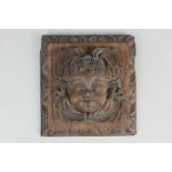 A carved oak plaque depicting a cherub within an egg and dart border, 19cm by 17.5cm, (a/f)