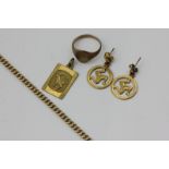 A pair of 9ct gold 'Isle of Man' drop earrings, a gold curb link bracelet, a gold signet ring and