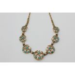 An Edwardian turquoise bead and split pearl necklace with crescent and star links 16.2g gross