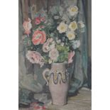 Will Charles Penn (1877-1968), still life of flowers in a glazed pottery jug, 'Roses', oil on