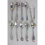 Two pairs of George IV silver fiddle pattern mustard spoons, another single mustard spoon with