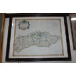 Robert Morden, a 17th century coloured map of Sussex, 34cm by 42cm