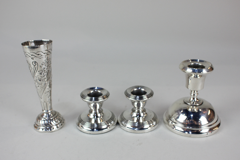 A pair of George V silver dwarf candlesticks, makers Barclay Brothers, Birmingham 922, together with