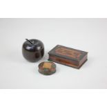 Three pieces of treen including a 19th century Mauchline Ware Prince Charlie tartan circular stamp