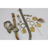 A 9ct gold bracelet 14.2g, three bar brooches, two gold watches, two stick pins and other gold