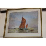 Ken Smith, two views of Thames barges on the water, pastel, both signed, 39cm by 50.5cm
