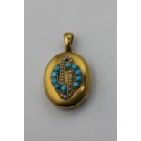 A Victorian gold locket applied with a split pearl and turquoise motif, 22.6g