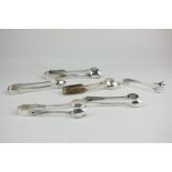 A collection of six George III and later silver sugar tongs including a pair by Thomas Watson,