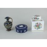 A Doulton Lambeth pottery vase, a Wedgwood Jasperware jar and cover, and a Coalport Ming Rose tea