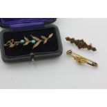 A turquoise and split pearl brooch in 15ct gold, a gold 'nugget' brooch, and a 15ct gold brooch