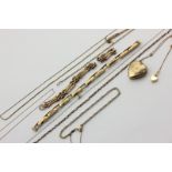 A group of gold chains and pendants, 15g, and a 9ct gold sprung watch bracelet, 6g gross