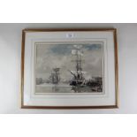 Rowland Hilder (1905-1993), moored galleon and other boats, watercolour and ink, signed, 26cm by