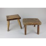 A rustic oak rectangular stool on four legs, together with a Continental painted stool on baluster