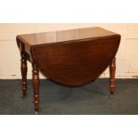 A Victorian mahogany drop-leaf table, the oval top with moulded edge, on turned baluster legs with