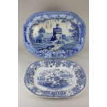 A John Rogers & Co blue and white earthenware meat dish, transfer printed with figures in a