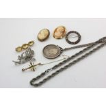 A peridot and split pearl bar brooch in 15ct gold, a citrine three-stone bar brooch, a silver