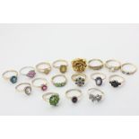 Four various 14ct gold and gem set rings, and thirteen various gem set 9ct rings