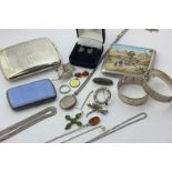 A quantity of silver jewellery including two silver and enamel cigarette cases