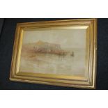 Harry Wanless (1873-1934), boats moored before a coastline, watercolour, signed, paper label for