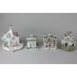 Four various Staffordshire pottery pastille burners modelled as cottages, to include one with