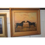 Follower of Albert Clark (19th / early 20th century), two Suffolk horses in a field, distant farm