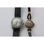 A lady's 18ct gold Tissot wristwatch on cord strap, and a steel Omega Seamaster wristwatch