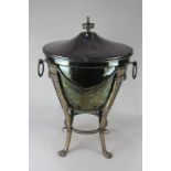 A Sheraton style silver plated coal scuttle, the cover with urn finial, with two ring handles,