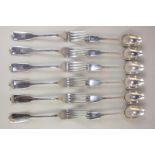 A set of six George V silver fiddle pattern dessert spoons, maker Richard Woodman Burbridge for