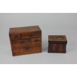 A 19th century miniature chest of five drawers with marquetry inlaid design, together with an inlaid