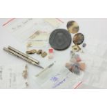 A collection of various hardstones and gold fittings, a pair of cufflinks, football badge, pencil