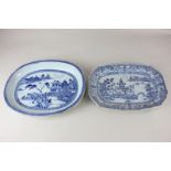 Two small Chinese blue and white porcelain platters depicting dwellings in landscapes, larger 29cm