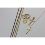 A 9ct gold ring, cross pendant, another on chain, oval link neck chain, curb link neck chain, 25g, a