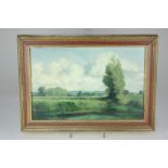 Oliver Ommanney, view across fields towards distant village, hills beyond, river in the