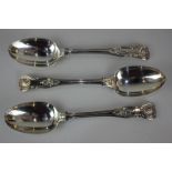 Three Victorian silver Kings pattern table spoons, maker Mary Chawner, London, 1839 and 1840 9.5oz