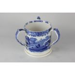 A Spode blue and white tyg with Italian pattern and Auld Lang Syne inscription to rim, printed