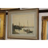 Vavasour Hammond OBE (Wapping Group), harbour view of figures and boats along a shoreline, oil on