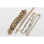 A 9ct curb link bracelet, a 9ct filigree bracelet, a 9ct bracelet (gilt bolt ring), and a 9ct neck