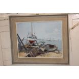 Meriel L Campbell, figures working on boats along a shoreline, oil on board, signed and dated 59,