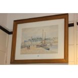 R L Stewart, Scottish harbour view, town and church beyond, Anstruther, watercolour, inscribed and