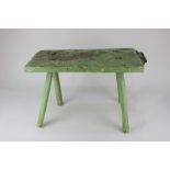 A green painted oak skinning stool with metal mounted (blunt) blade, 50.5cm