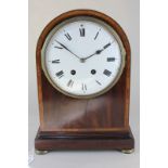 An Edwardian inlaid mahogany mantel clock with 7.5 inch white enamel dial (a/f), movement striking