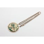 A Chinese gold mounted malachite and gem set large pendant on a 9ct gold neck chain, 12.5g