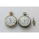 A silver key wind pocket watch with dial marked Waltham, and a gold plated pocket watch marked Brown