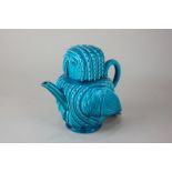 A Victorian Minton pottery figural owl teapot in turquoise glaze with lid functioning as a cup, 17cm