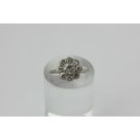 A diamond cluster ring, rubover set with a central brilliant cut stone within eight smaller stones