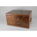 A 19th century inlaid flame mahogany stationery box with fitted interior above single drawer, with