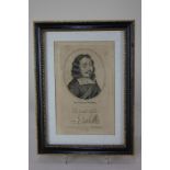 A 19th century portrait engraving of Sir Edward Walker, secretary to Charles I, with a facsimile