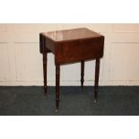A Victorian small mahogany drop-leaf side table with two drop flaps and drawer, on turned legs and
